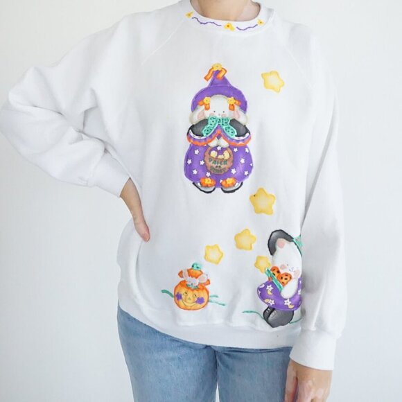 Vintage Lee White Purple Rabbit Pumpkin Puff Print Crewneck Sweater 20W - Picture 1 of 11